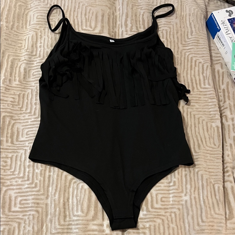 Woman’s Black Fringe Bodysuit size XL #432